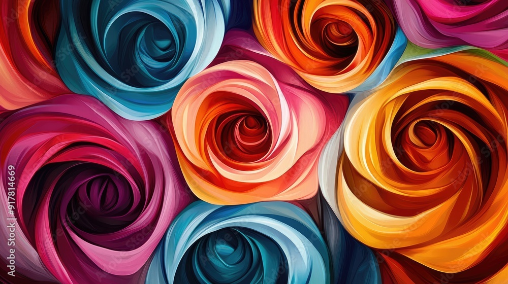 Poster seamlessly connected multicolored roses in a swirling pattern of curves and angular lines, creating 