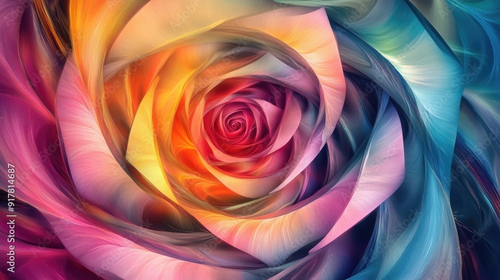 Poster seamlessly connected multicolored roses in a swirling pattern of curves and angular lines, creating 