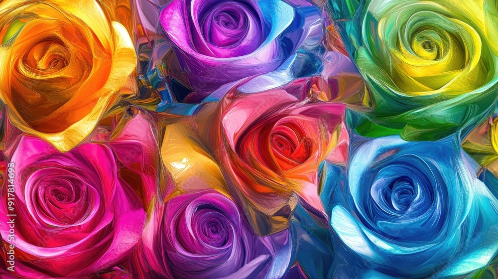 Poster seamlessly connected multicolored roses in a swirling pattern of curves and angular lines, creating 