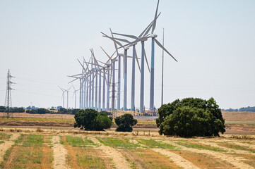 Renewable energy. Wind turbines, eolic park in scenic landscape of basque country, Spain.