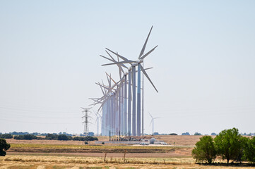 Renewable energy. Wind turbines, eolic park in scenic landscape of basque country, Spain.