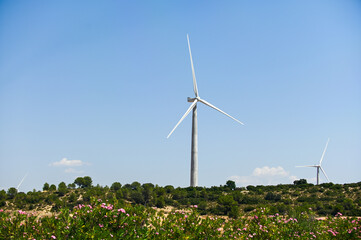 Renewable energy. Wind turbines, eolic park in scenic landscape of basque country, Spain.