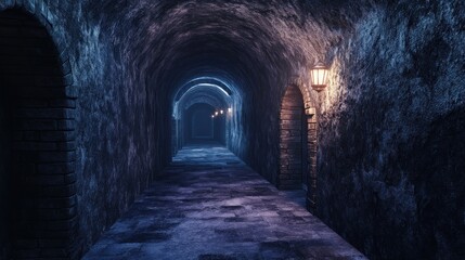 Dark and Mysterious Stone Corridor with Faint Lights