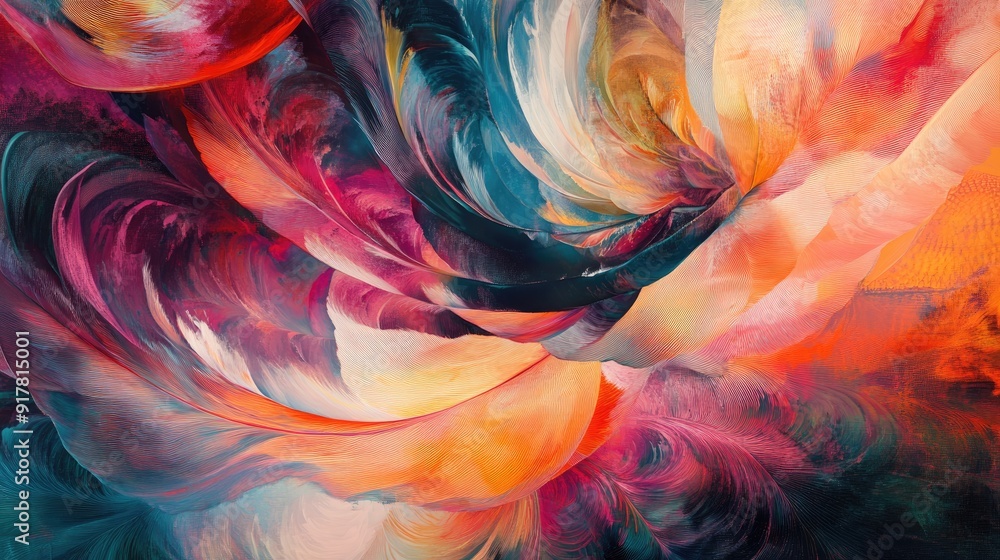 Poster swirling shapes and kaleidoscopic hues blend seamlessly with feathery textures in a vibrant abstract