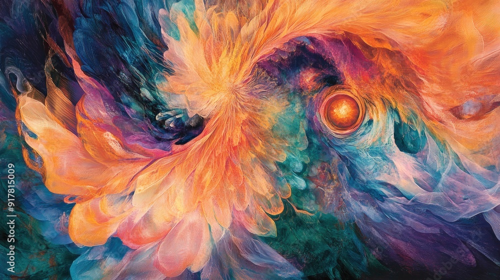 Poster swirling shapes and kaleidoscopic hues blend with soft feathery textures in a vibrant abstract visua