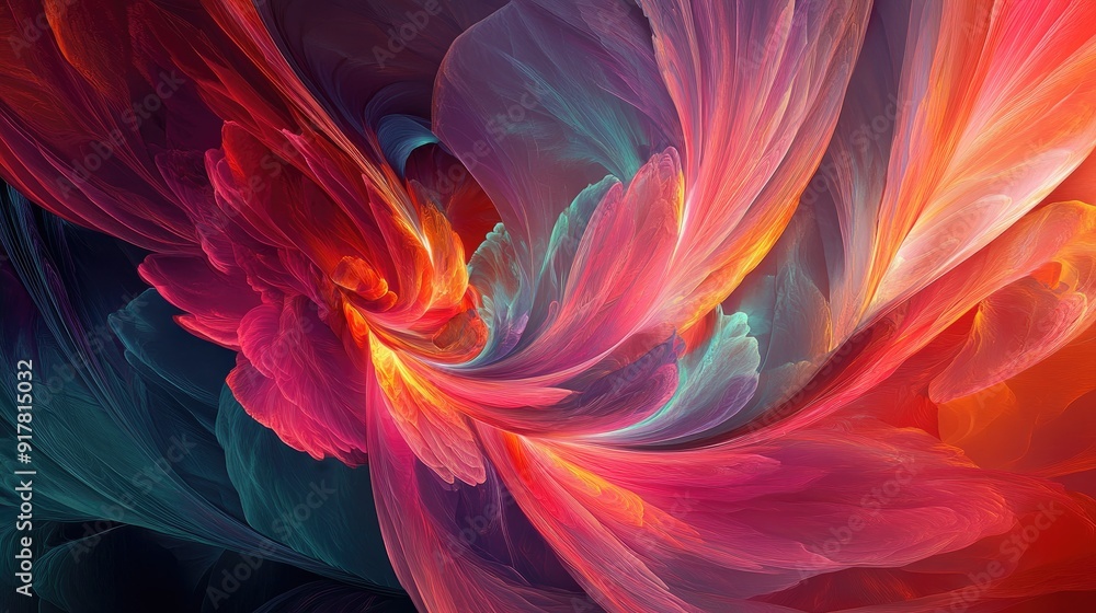 Poster swirling shapes and kaleidoscopic hues blend with soft feathery textures in a vibrant abstract visua