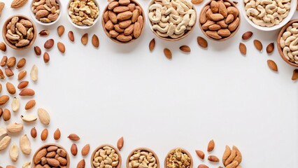 Fototapeta premium Organic nuts including almonds walnuts and cashews on white background with ample copy space Nutritious snacks concept