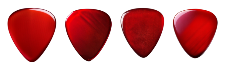 A collection of red guitar picks displayed together, showcasing their unique shapes and glossy finishes. Ideal for music enthusiasts.