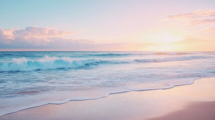 Fototapeta premium Serene beach at sunrise with gentle waves and a pastel sky