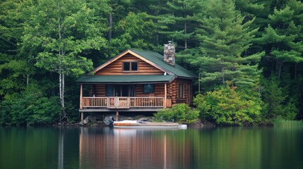 Obraz premium A tranquil lakeside cabin offering a beautiful view of calm waters and surrounding nature.