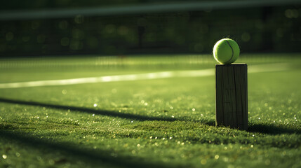 A tennis court with a green ball on the ground