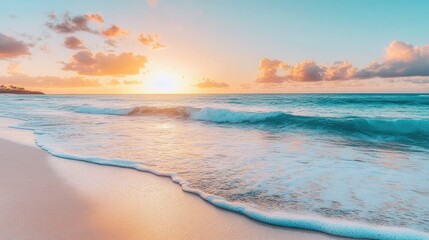 Serene beach at sunset with gentle waves and a vibrant sky
