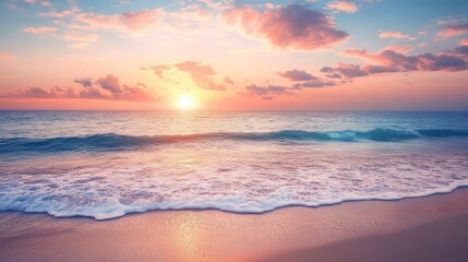 Serene beach at sunset with gentle waves and a vibrant sky