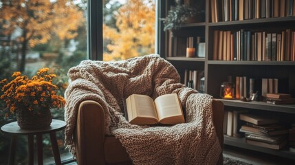 A tranquil reading nook with a cozy blanket, an inviting book, and a warm, comforting ambiance.