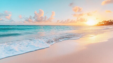 Obraz premium Serene beach with turquoise waters and white sand at sunrise