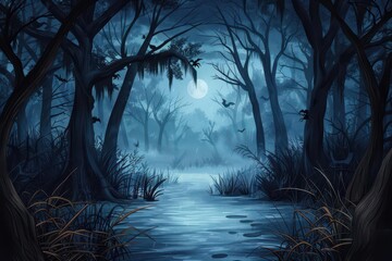 A spooky, mist-filled forest at night under the full moon, creating an eerie atmosphere with dark trees and shadows.
