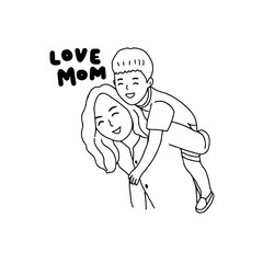 Mom hugging son, mother's day concept. Hand drawn style vector illustration.