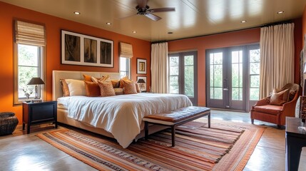 Naklejka premium Spacious master bedroom in a luxury home with a king-sized bed and stylish decor