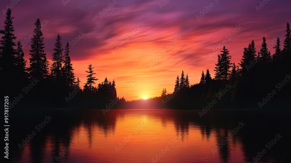 Wall mural sunset over a tranquil lake with silhouetted trees and a vibrant sky