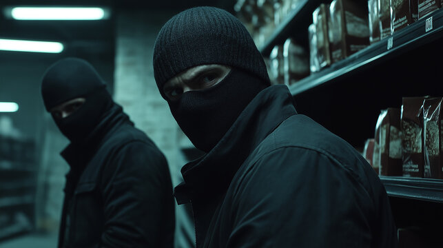 Two masked individuals in a dimly lit grocery aisle.