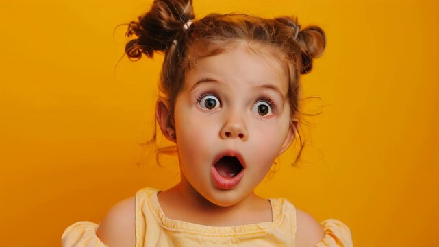 A very surprised little girl with wide open eyes and mouth on a yellow background