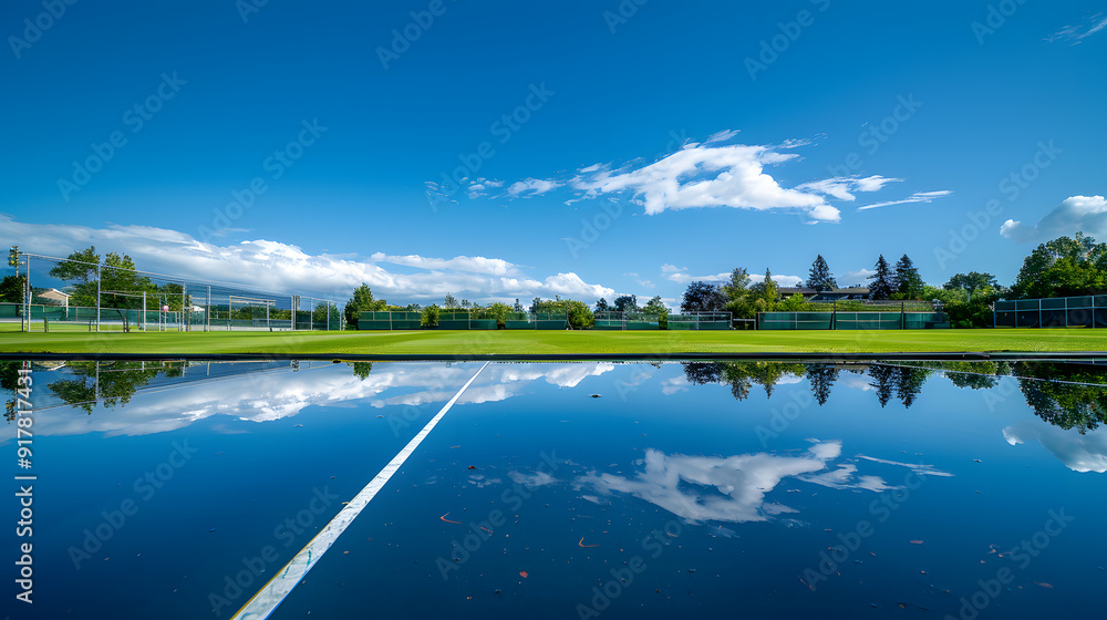 Wall mural A tennis court with a blue sky and a white line