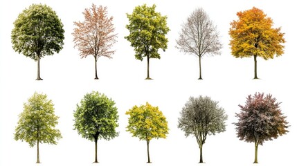 A variety of trees displayed on a white background, each one highlighted individually to show diversity in form and leaf shape.