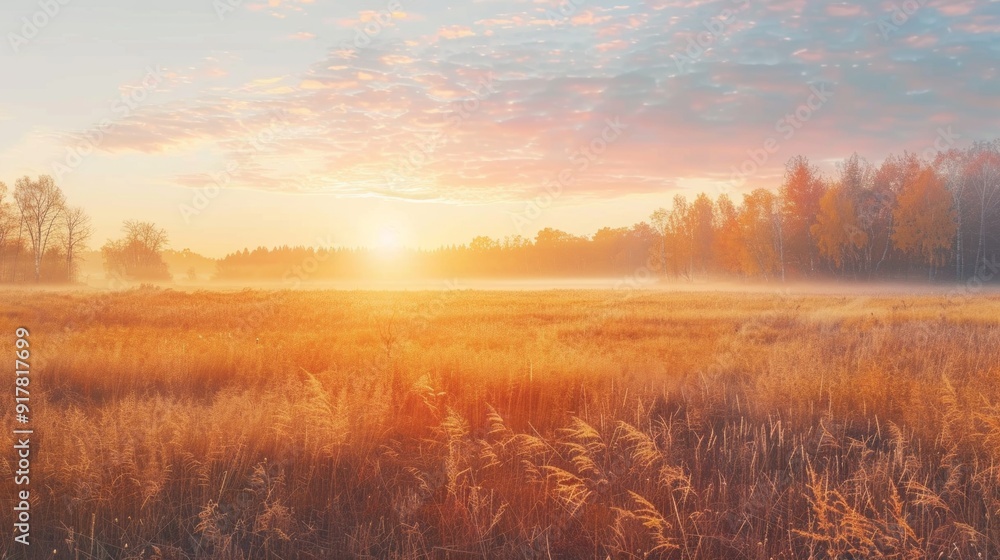 Poster A field of tall grass with a sun setting in the background