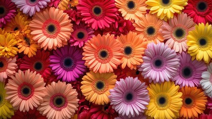 Vibrant gerbera daisies in various colors, creating a cheerful and bright floral background