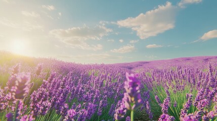 Fototapeta premium Vibrant lavender field under a clear, sunny sky
