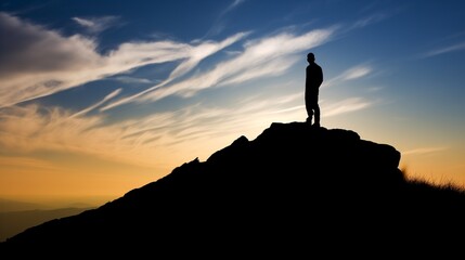 Silhouette of Man on Mountain Peak at Sunset - Inspirational Landscape Photography for Adventure and Motivation