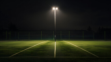 Fototapeta premium A tennis court is lit up at night with a bright light on a pole