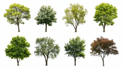 Fototapeta premium A variety of trees displayed on a white background, each one highlighted individually to show diversity in form and leaf shape.