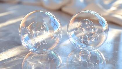 Generate a pair of highly detailed bubbles for a video game, emphasizing transparency, reflections, and interactive elements