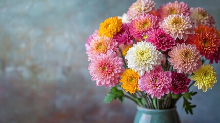 A vase adorned with a vibrant mix of chrysanthemums, capturing the essence of a colorful and beautiful floral display.