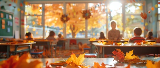 Autumnthemed classroom, teacher explaining lesson, students focused, autumn leaves on desks, Fall Learning Environment