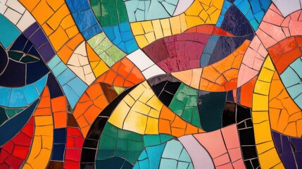 Fototapeta premium A vibrant mosaic of colorful tiles, forming an intricate abstract pattern with dynamic shapes and lines.