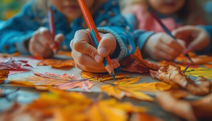 Warm classroom with children drawing autumn scenes, vibrant fall colors, creative activity, Autumn Art Class, Creative Learning