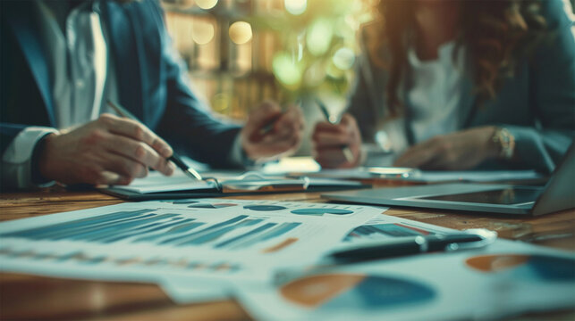  Business professionals discussing financial documents in a meeting with charts and graphs laid out on a wooden table, reflecting analysis, teamwork, and corporate strategy.