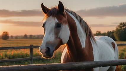 Fototapeta premium painting of chestnut & white horse with realistic brown eyes, leaning over a fence post, a beautiful pastel sunset. Painterly fantasy art, muted colors, soft brush strokes. poppy fields in Background