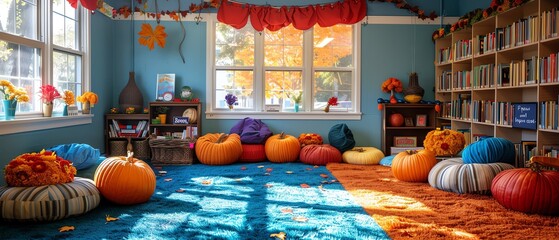 Classroom with cozy reading corner, autumnthemed decor, students engaged in reading, Autumn Reading Corner