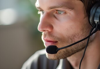 Call center operator. Service, customer support, helpdesk agent. Male client service worker with bristle on his face wearing headphones and a microphone