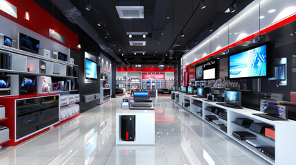 A store with a lot of electronics and a white counter