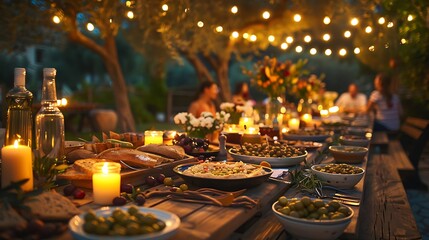 A charming Mediterranean dinner party, long table covered with olives, hummus, and fresh bread, guests enjoying the evening, warm and inviting lighting, rustic decor with candles and olive branches,