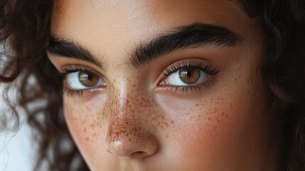 A woman showcasing her naturally thick and bushy eyebrows, embracing her individuality and unique look.