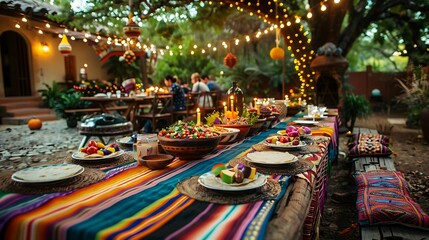 A charming Mexican dinner party, long table adorned with vibrant tablecloths and decorations, taco bar with a variety of toppings, guests in festive attire, soft ambient lighting,