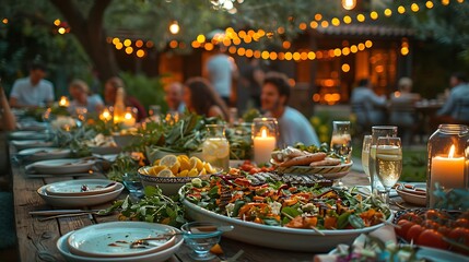 Fototapeta premium A charming summer dinner party, table adorned with light salads, grilled vegetables, and lemonade, guests enjoying the evening in a garden setting, soft ambient lighting, cozy and festive atmosphere,