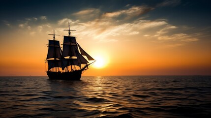 Fototapeta premium Majestic Ship Sailing at Sunset Over Calm Ocean Waters with Dramatic Sky