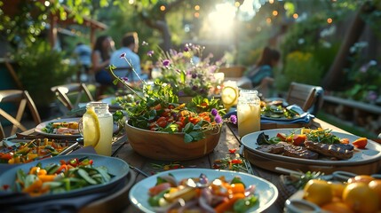 A charming summer dinner party, table adorned with light salads, grilled vegetables, and lemonade, guests in relaxed attire enjoying the meal, soft evening light, garden setting with blooming flowers,