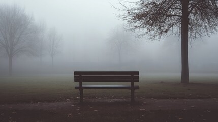 A wooden bench in a deserted park, shrouded in fog, with an eerie and quiet atmosphere.